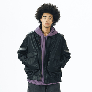 714street秋季 复古翻领夹克街头机车皮衣 外套男潮牌宽松上衣美式