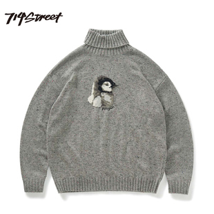 714street动物图案高领毛衣男女2024新款 宽松套头卫衣 情侣针织衫