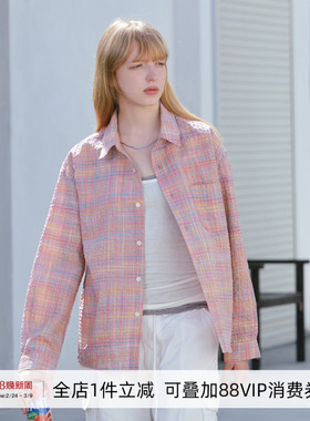 714street泡泡纱色织小格纹长袖衬衫女2025秋季宽松透气情侣衬衣