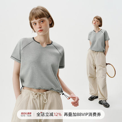 714street潮牌女生华夫格短袖T恤2024夏季新款上衣日系拼接辣妹装