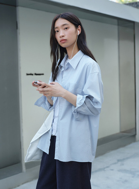 714street精梳高密纯棉微宽松蓝色长袖衬衫男女2025秋季口袋衬衣