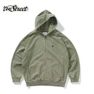 针织女款 新款 外套 男2024秋季 714street重磅水洗做旧连帽卫衣开衫