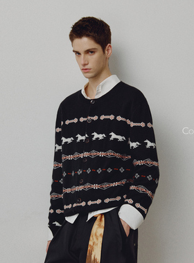 714street高端线BEHALF冰岛提花 羊毛烧边果实扣复古修身开衫毛衣