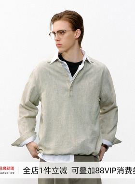 714street轻薄褶皱感色织cleanfit长袖POLO衫2026春季老钱衬衫男