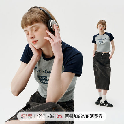 714street潮牌女生美式印花短袖T恤2024夏季新款辣妹装短款上衣