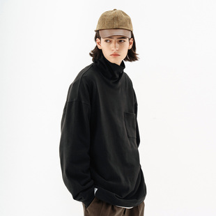 714street纯色高领长袖 日系简约宽松体恤男上衣 22年秋新潮打底衫