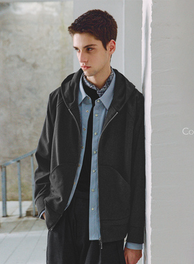 714street高端线BEHALF 弧型口袋 层次抽皱 绒面极简开衫连帽卫衣