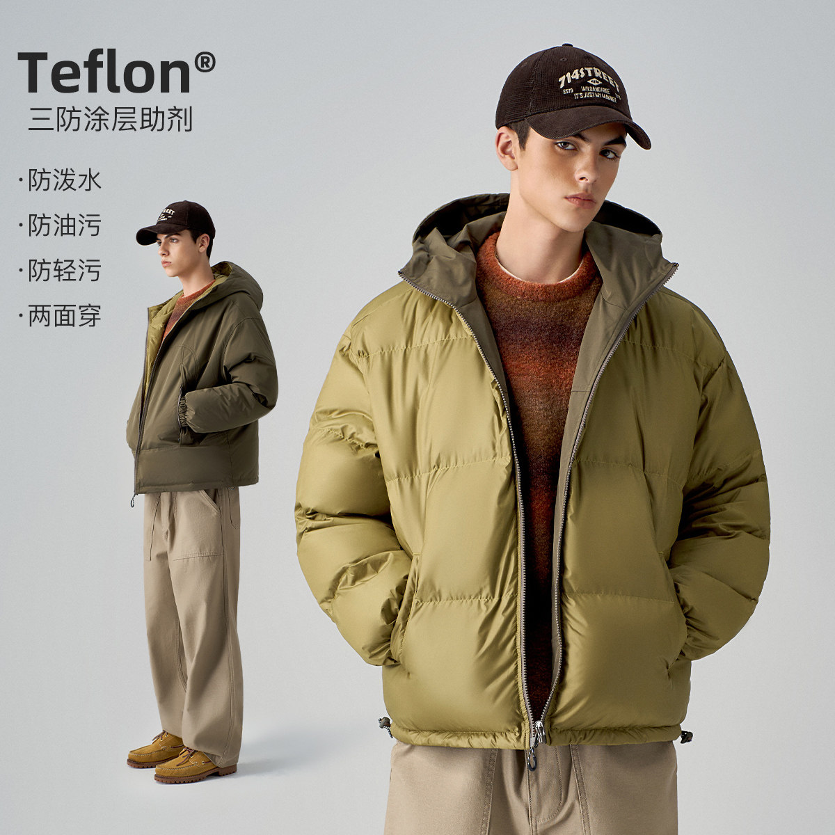 [两面穿]714street冬季山系户外防水棉服三防连帽外套工装夹克男 - 实物图