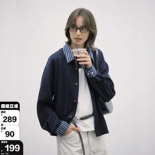 极简穿搭 714street学院风假两件条纹长袖 衬衫 男秋季 情侣卫衣开衫