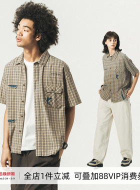 714street潮牌格纹短袖衬衫男女2024新款情侣衬衣日系工装外套
