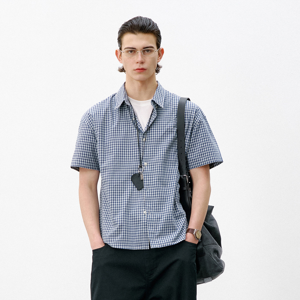 714street复古蓝白格子短袖衬衫男2026夏季宽松休闲落肩纯棉衬衣