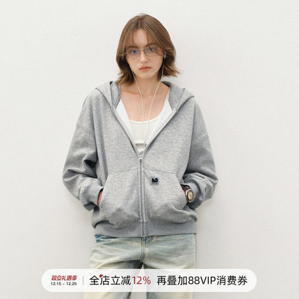 714street落肩宽松短廓版型加绒连帽卫衣开衫男2025秋冬情侣帽衫