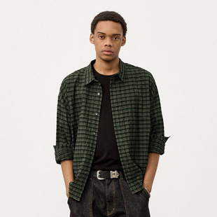 衬衣外套 男2025宽松长袖 714street秋季 褶皱肌理感泡泡纱格子衬衫