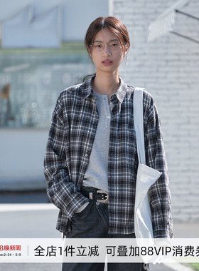 714street复古拉毛绒感格子衬衫男2025秋冬情侣长袖简约衬衣外套