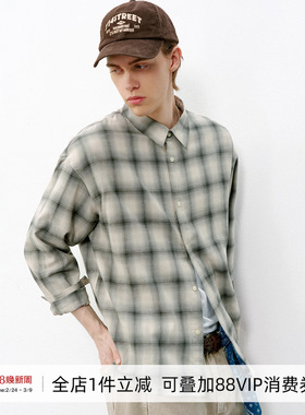 714street渐变格纹长袖衬衫男2026春季新款全棉磨毛情侣衬衣外套