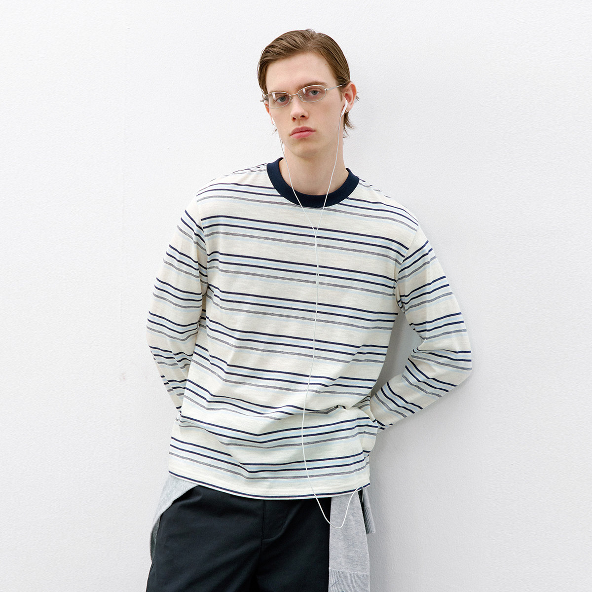 714street轻薄条纹长袖上衣2026春季新款潮牌休闲圆领混纺T恤男女