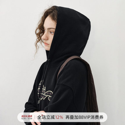 714street美式复古贴布刺绣加绒连帽卫衣男2025秋冬休闲情侣帽衫