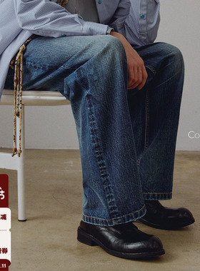 714street高端线 BEHALF 粗斜 靛蓝烟黑 破坏侧骨水洗直筒牛长裤