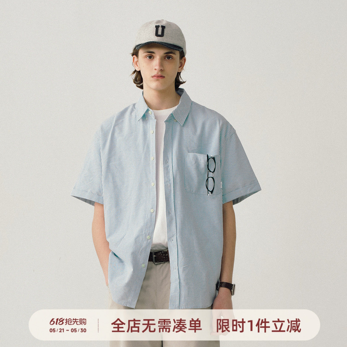 714street复古牛津纺条纹衬衫男cheanfit夏季短袖衬衣潮牌外套女
