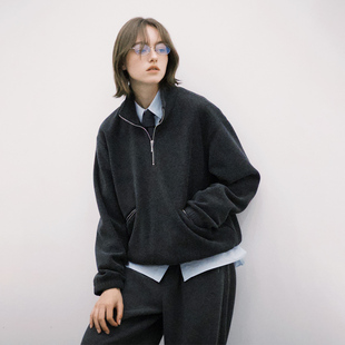 714street秋冬新款 银狐绒毛巾料半拉链立领卫衣男老钱风穿搭上衣