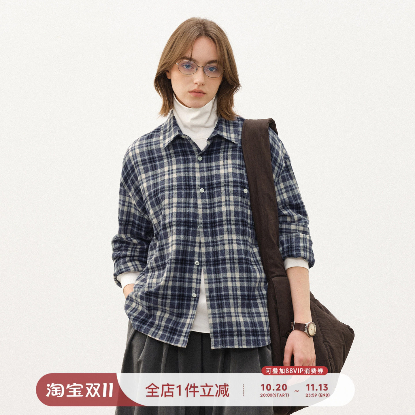 714street复古拉毛绒感格子衬衫男2025秋冬情侣长袖简约衬衣外套