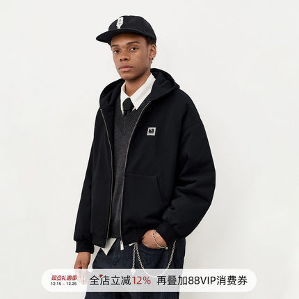 714street日系连帽卫衣开衫2025冬季潮牌夹棉外套宽松针织棉服男