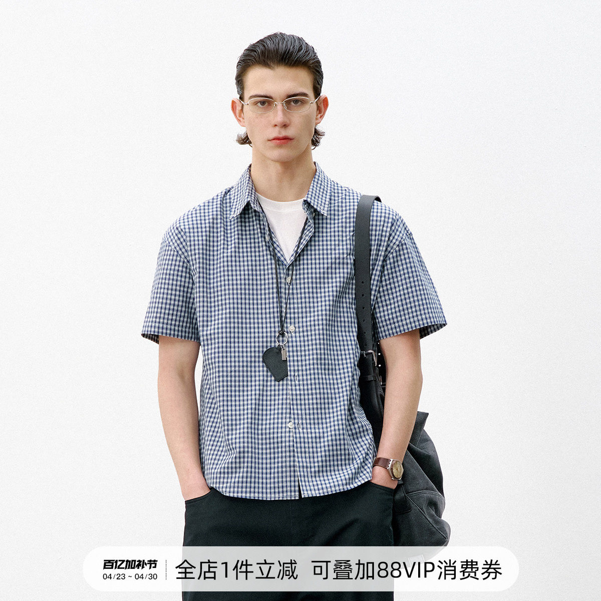 714street复古蓝白格子短袖衬衫男2026夏季宽松休闲落肩纯棉衬衣