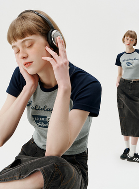 714street潮牌女生美式印花短袖T恤2024夏季新款辣妹装短款上衣