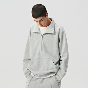 714street半拉链翻领卫衣男2024秋季 肌理感灰色宽松运动上衣 新款
