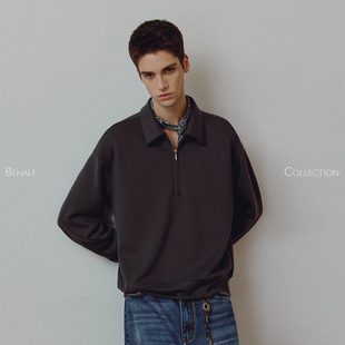 714street高端线BEHALF 兰精天丝醋酸羊毛贝壳纽扣半拉链POLO长袖