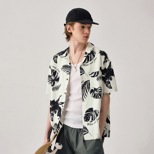 男新款 714street树叶满印微皱夏季 衬衫 复古短袖 情侣沙滩衬衣 美式