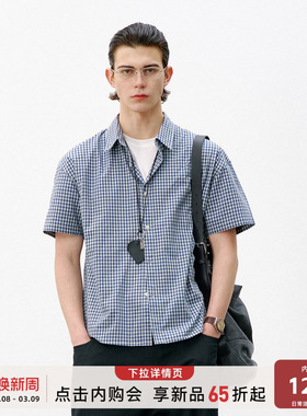 714street复古蓝白格子短袖衬衫男2026夏季宽松休闲落肩纯棉衬衣