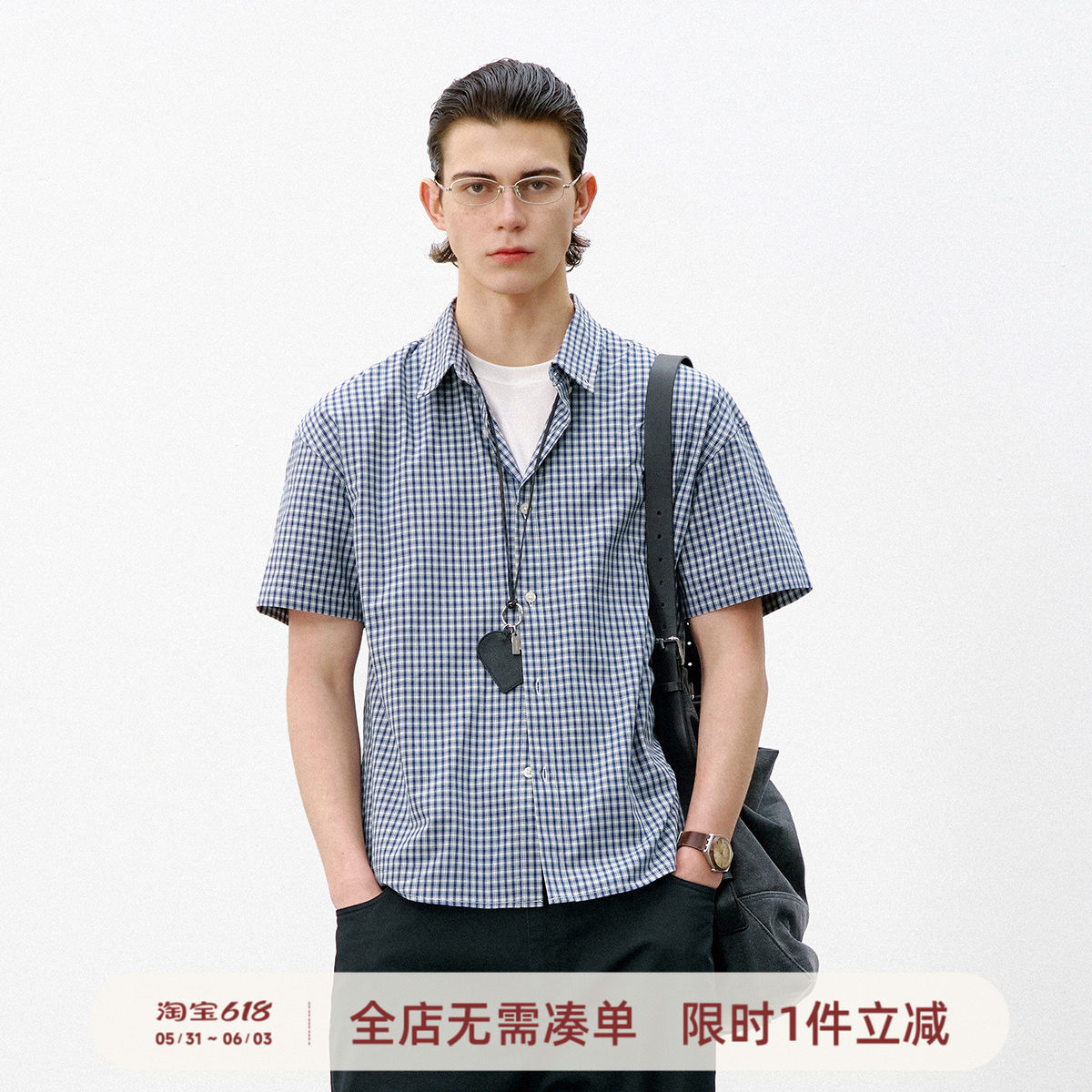 714street复古蓝白格子短袖衬衫男2026夏季宽松休闲落肩纯棉衬衣