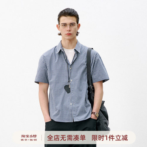 714street复古蓝白格纹短袖衬衫