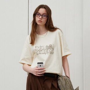 上衣 情侣半袖 714street几何LOGO印花竹节纹理纯棉短袖 T恤男女夏季