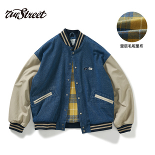 复古水洗拼接棒球夹克男宽松短阔牛仔外套 美式 714street秋季 新款