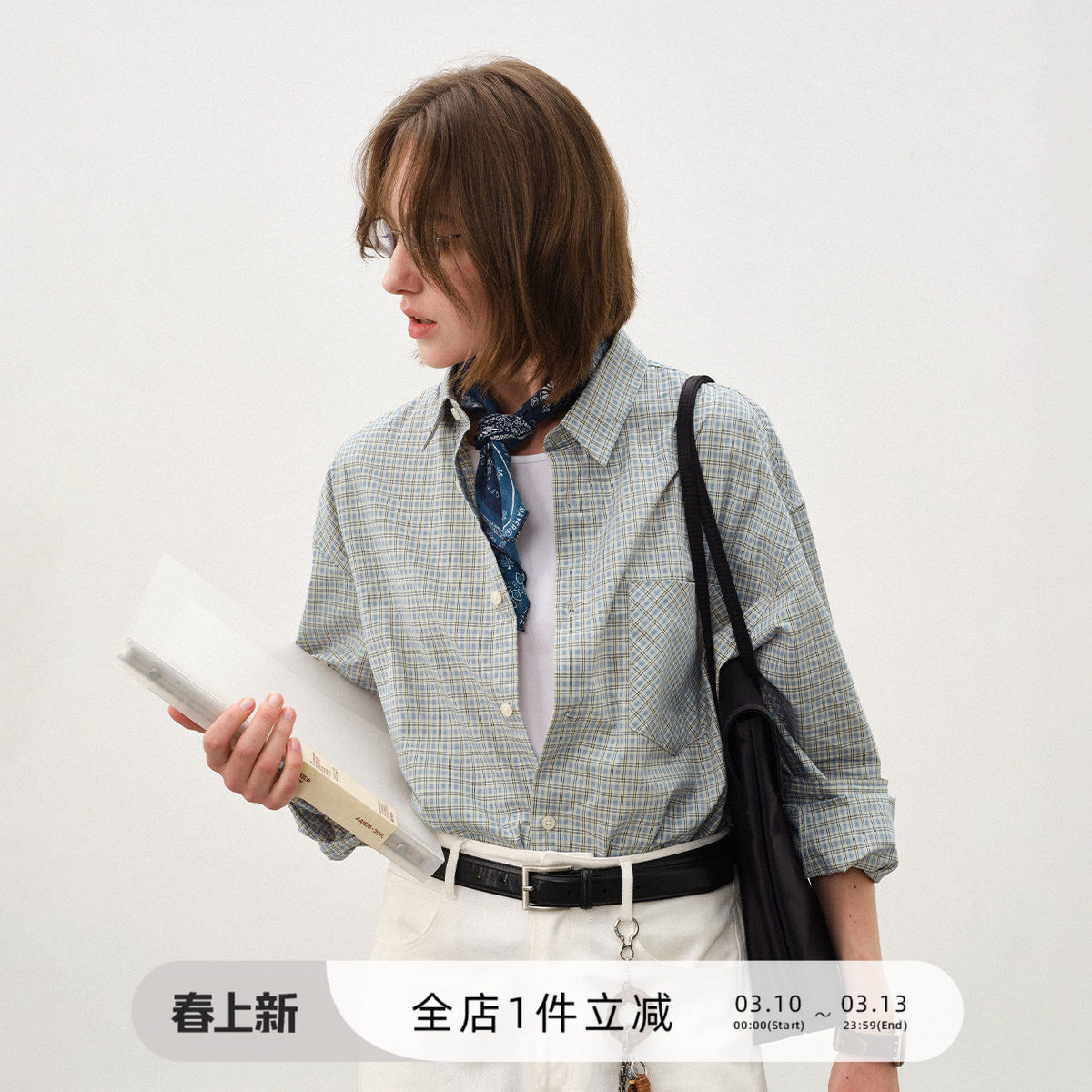 714street简约纯棉长袖宽松miu系格子衬衫男2025秋季新款情侣衬衣