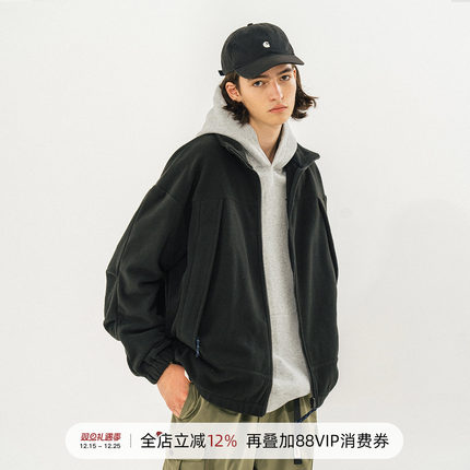 714street摇粒绒拉链外套男2022秋冬季宽松立领保暖上衣夹克男潮