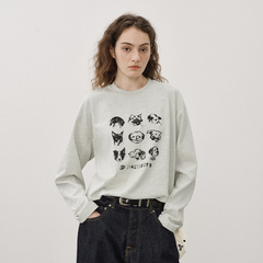 714street美式复古宠物印花宽松长袖T恤男2025秋季纯棉情侣上衣女