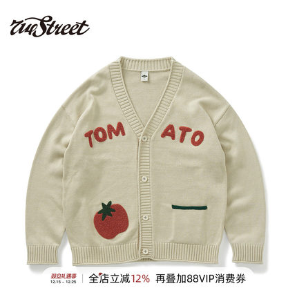 714street秋冬水果绣花v领毛衣2024新款宽松针织开衫外套男女同款