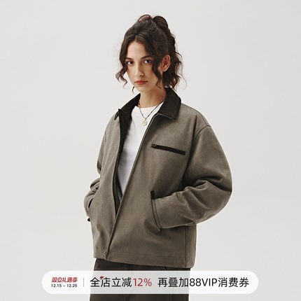714street新款复古麂皮绒底特律棉服男宽松短阔外套美式工装夹克