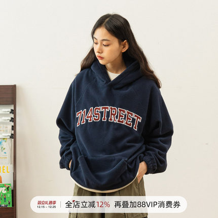714street22秋新连帽卫衣情侣oversize潮牌复古宽松外套春秋帽衫
