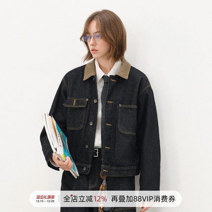 714street复古巴恩风灯芯绒翻领牛仔外套男2025秋季水洗工装夹克