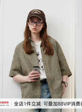 714street春夏泡泡纱格子短袖衬衫男25新款宽松轻薄透气情侣衬衣