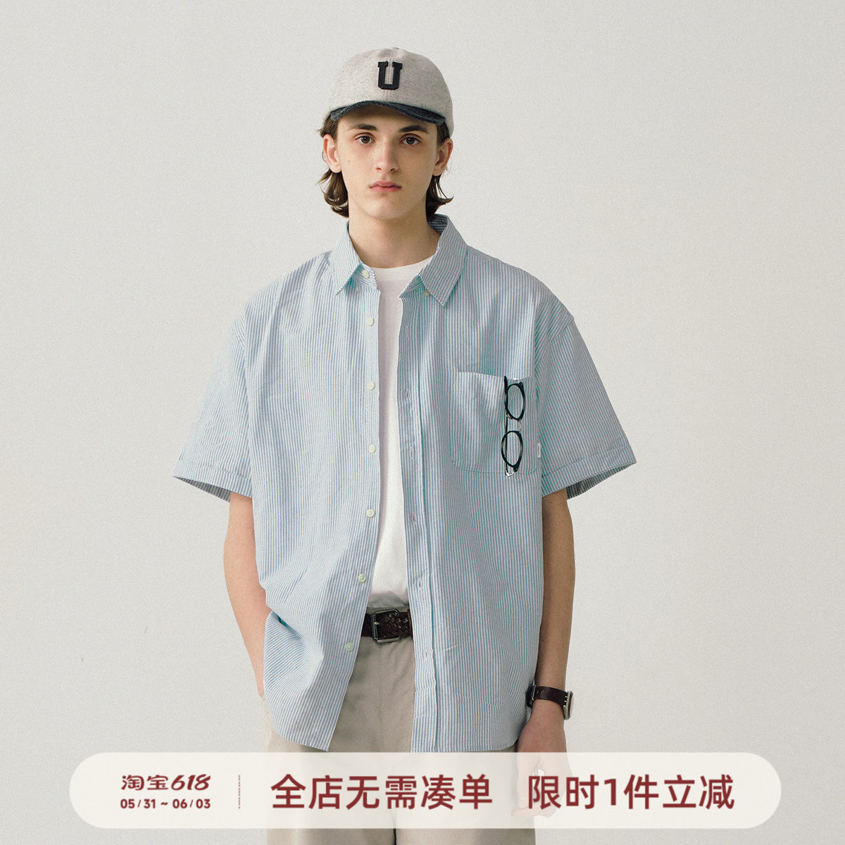 714street复古牛津纺条纹衬衫男cheanfit夏季短袖衬衣潮牌外套女