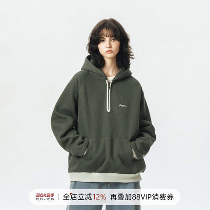 714street半拉链美式连帽卫衣男女2023秋冬加绒针织夹克毛衣外套