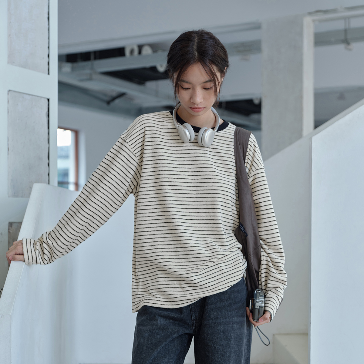 714street毛巾料条纹长袖T恤