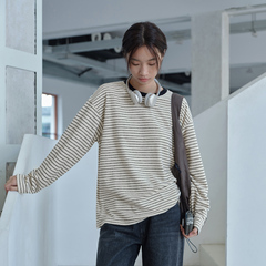 714street羊毛混纺毛巾料条纹长袖T恤男25秋冬情侣装桑蚕丝上衣女