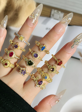 奶奶同款中古风金色质感轻奢戒指女花纹拉丝紫钻高级感甜酷指环潮