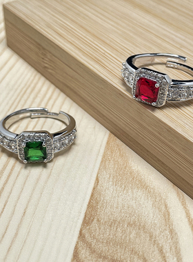 小红书推荐仿祖母绿镶嵌开口戒指女彩宝同款欧美跨境时尚百搭指环